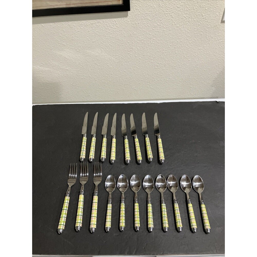 Vintage Hampton Silversmiths Plaid Flatware Set 19 Pc Yellow Orange Gingham 226